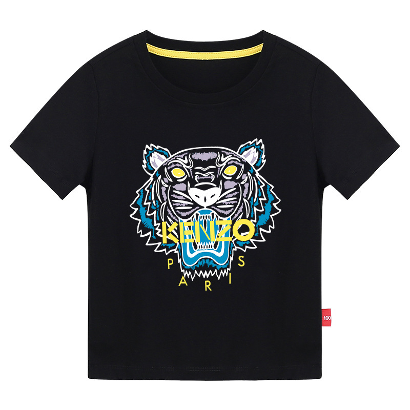 Japanese Trendy Brand Kidsren's Short-Sleeved T-Shirt 2022 Summer New Style Tiger Head Printed Cotton Round Neck Top for Boys and Girls