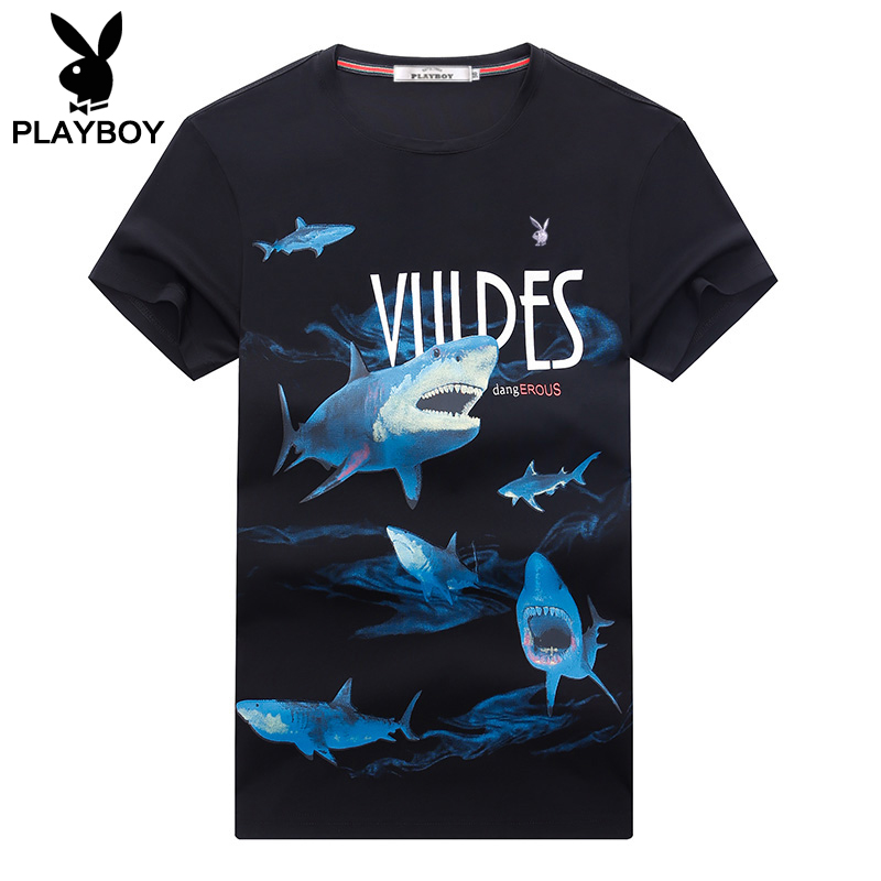 tinh thần Playboy chàng trai ngắn tay nam t-shirt xu hướng mùa hè in áo thun nam cổ tròn Hàn Quốc phiên bản áo khoác