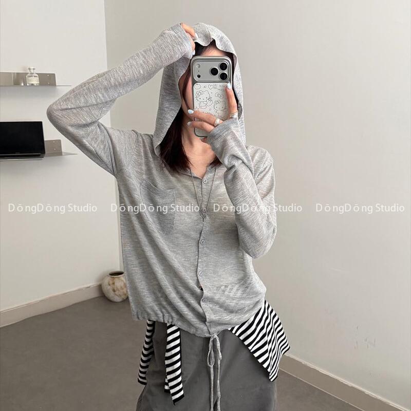 Very Stylish~/Hoodie with Pockets/Hooded Long-Sleeve Cardigan Knitwear【Length 57cm, Bust 108cm】56540
