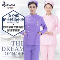 Jieweiyi nurse clothes Long-sleeved womens winter clothes pink white coat stand-up collar slim-fitting student hospital overalls suit