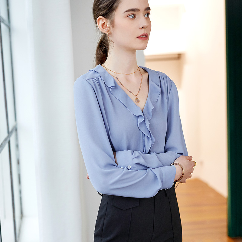 Fungus edge shirt women's spring 2022 new European and American fashion slim solid color chiffon ruffled shirt top