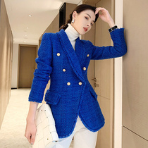 Yi Mu blue fried street small fragrant wind suit jacket women autumn and winter New commuter green fruit collar plaid wool Nick thick
