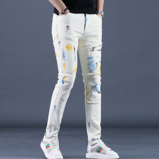 American motorcycle off-white jeans for men 2025 new autumn trendy brand personalized zipper fashion slim fit pants for small feet