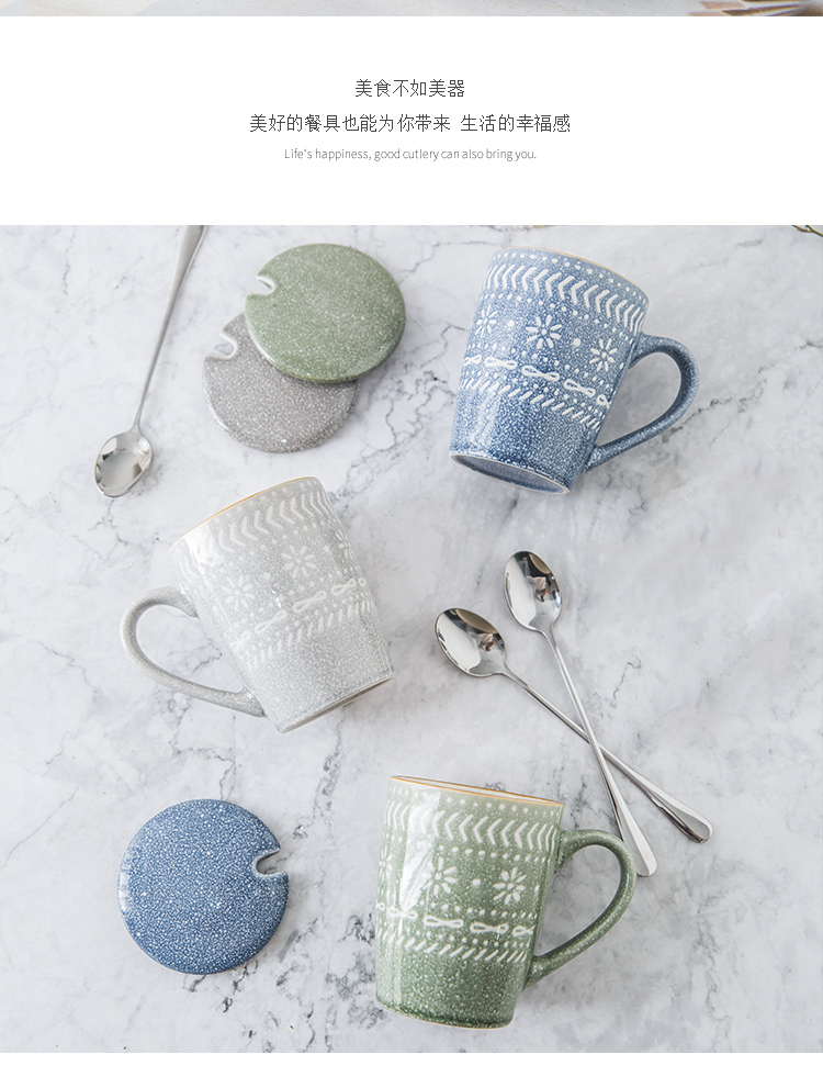 Nordic ceramic cups domestic large capacity mark cup with cover with a spoon, creative office coffee cup of water glass