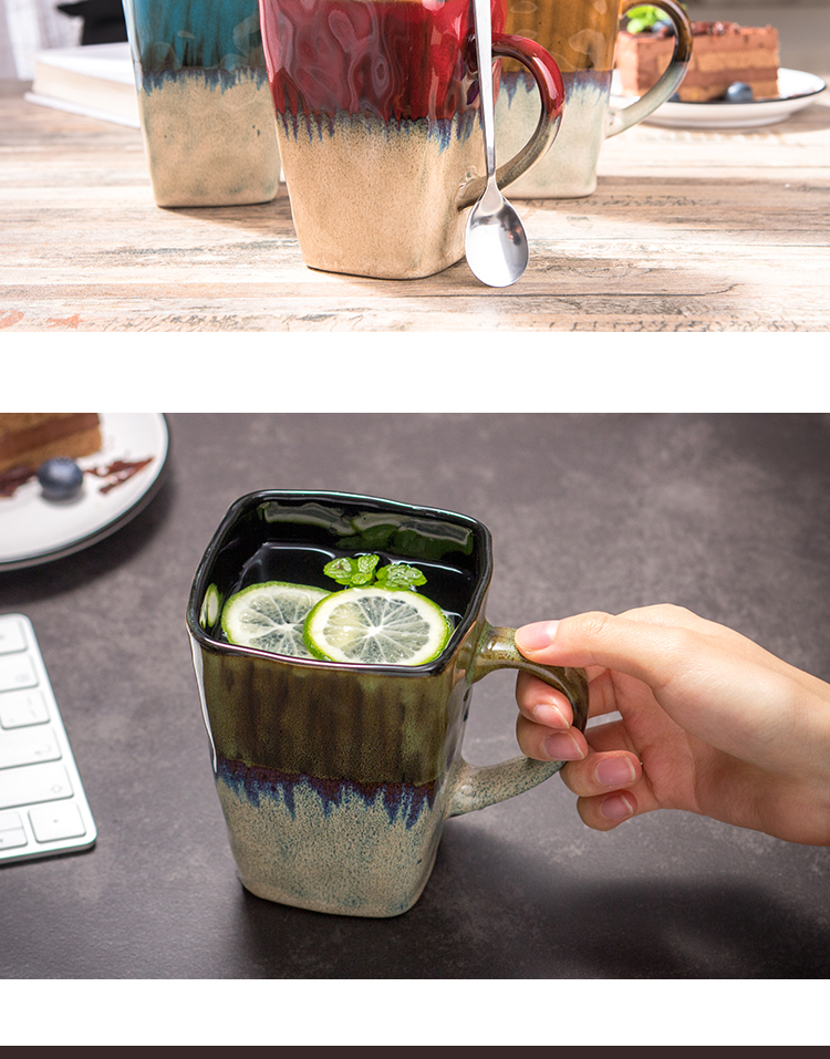 Retro ceramic cup children 's creative mark cup with cover with teaspoons of large capacity of household square glass coffee cup tea cups