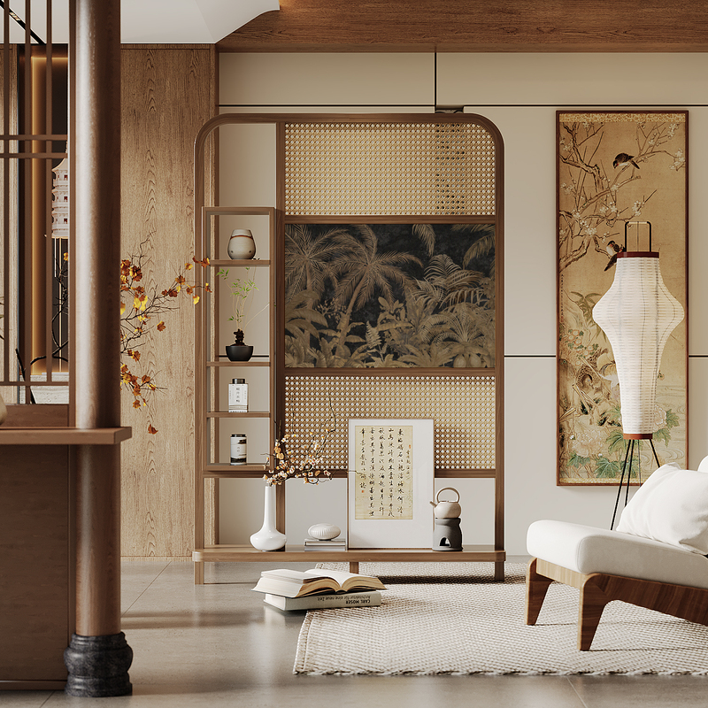 New Chinese-Style Entrance Screen Partition Made of Solid Wood for Living Room and Bedroom, Facing the Door, with Rattan Weaving for Privacy, Movable Storage Rack