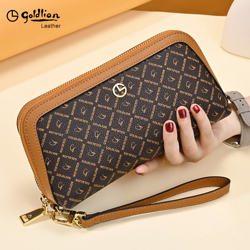 Goldlion Women's Long Wallet 2026 New Model Handbag with Printed Design, High-End Leather Clutch, Dual-Use Mobile Phone Bag