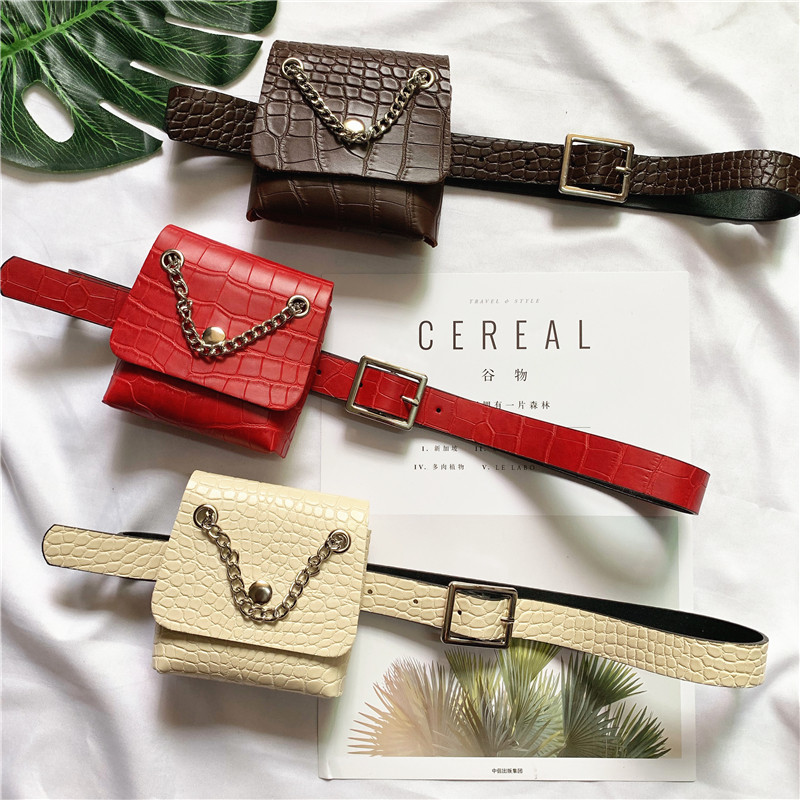 New Korean style waist bag female punk style chain mini PU belt Joker fashion crocodile belt waist bag