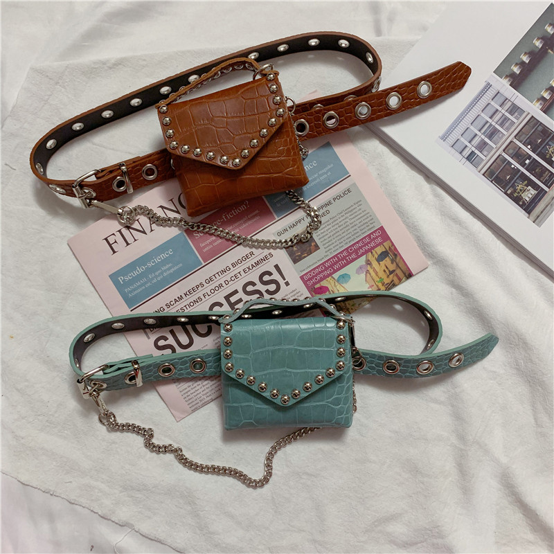 2020 new retro beaded small bag belt female ins free punching fashion chain crocodile pattern belt waist bag