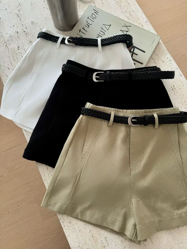 Jj6838 Fashionable Versatile High-Waisted Slimming Tencel Linen Shorts for Women, New Summer Straight-Leg Dress Pants with Belt