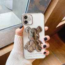 Transparent plated apple 12 mobile phone shell new stereo violent bear iphone13promax full package lens anti-fall 12pro tide card 11 lovers 13 women net red cartoon cute xs