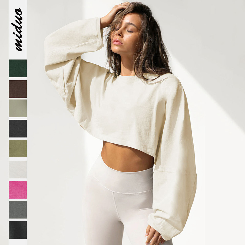 2024. Navel-Baring Round-Neck Sweatshirt, European and American Women's Short Sports Base Shirt, T-Shirt, Knitwear, Long-Sleeved Top