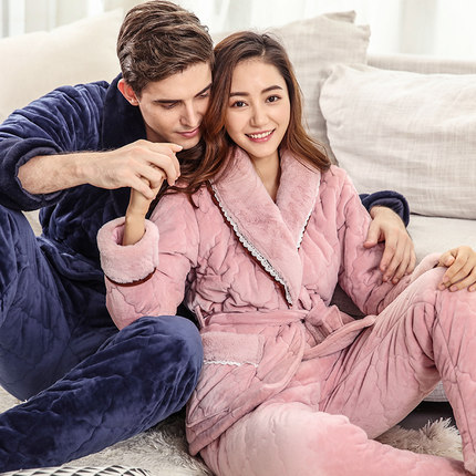 睡衣女冬妈妈加厚珊瑚绒保暖套装睡袍男女士大