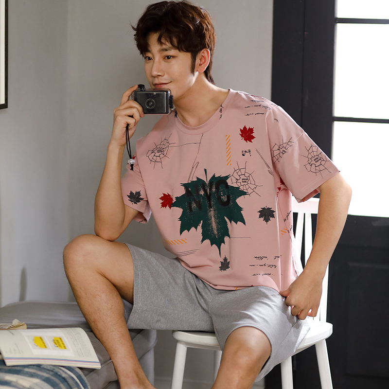 Casual Thư Pyjama Mens Summer bông ngắn tay áo Slim Teen Student Sourcotton Home Mang Set ngày.