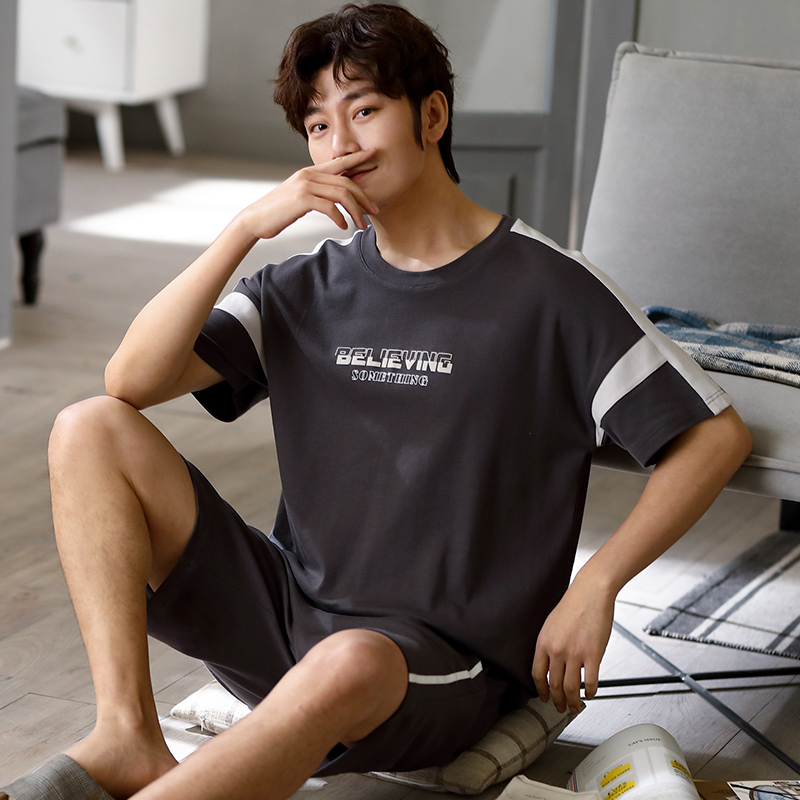 Casual Thư Pyjama Mens Summer bông ngắn tay áo Slim Teen Student Sourcotton Home Mang Set ngày.