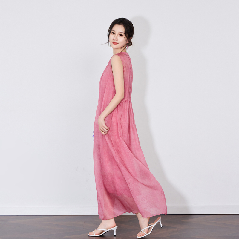 Raspberry Pink 100% Mulberry Silk Tie-Dye Silk Dress Camisole Two-Piece Set for Women, Summer Vacation Loose Long Dress Raspberry Pink 100% Mulberry Silk Tie-Dye Silk Dress Camisole Two-Piece Set for Women, Summer Vacation Loose Long Dress