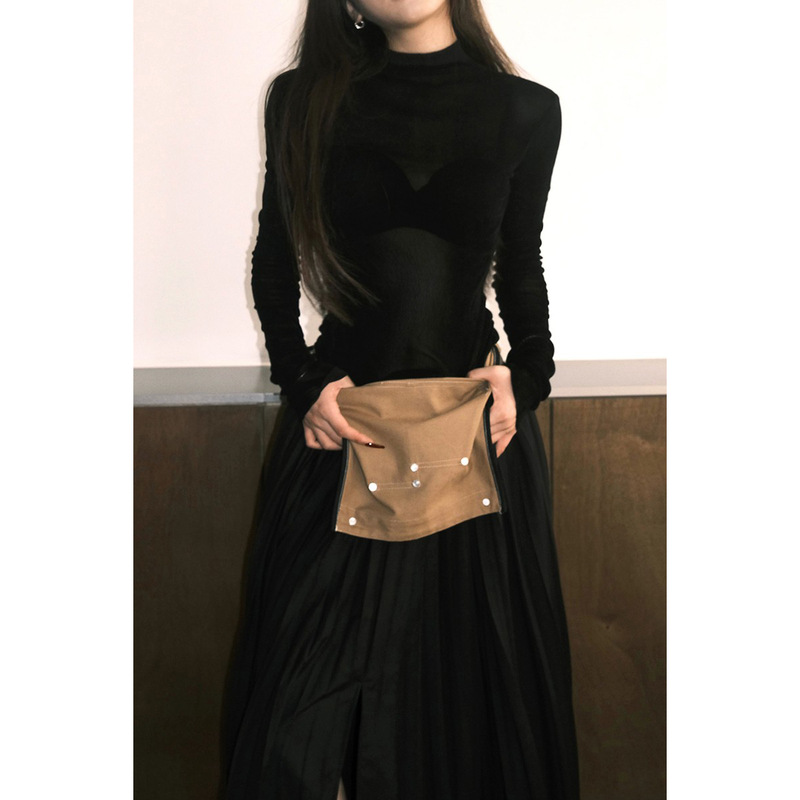 Avenement/Velvet Base Layer Shirt/Acetic Acid Slightly Sheer Slim Fit Half-High Collar Inner Layer Long-Sleeve Top