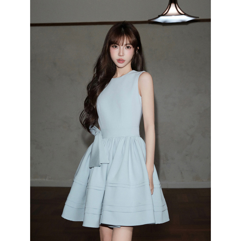 Avenement/Bow-Tie French-Style Hepburn Dress/Birthday Dress Short Skirt Blue Skirt Women's Summer Avenement/Bow-Tie French-Style Hepburn Dress/Birthday Dress Short Skirt Blue Skirt Women's Summer