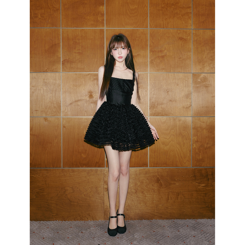 【40% off Clearance】Avenement/Three-Dimensional Textured Mesh Patchwork Spaghetti Strap Dress Tiered Dress Sleeveless Dress