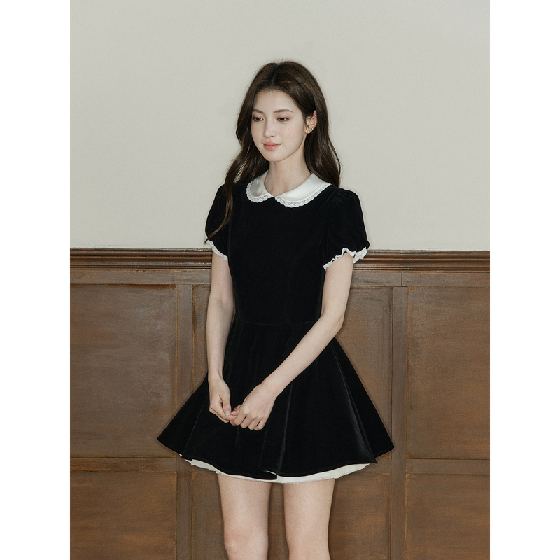 Avenement/Lace Doll Collar Velvet Short-Sleeved Dress with Puff Sleeves A-Line Tutu Dress Skirt Autumn