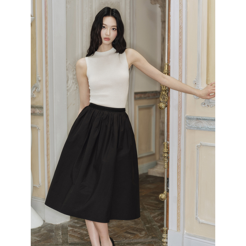Avenement/Silk and Wool Vest/Half-High Collar Sleeveless Knitted Vest with Ribbed Stripes for Women