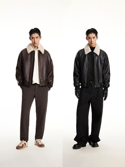 t区绫致杰克琼斯冬时尚潮男百搭舒适休闲拉链宽松外套翻领皮衣男