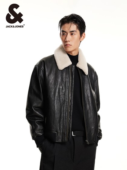 t区绫致杰克琼斯冬时尚潮男百搭舒适休闲拉链宽松外套翻领皮衣男