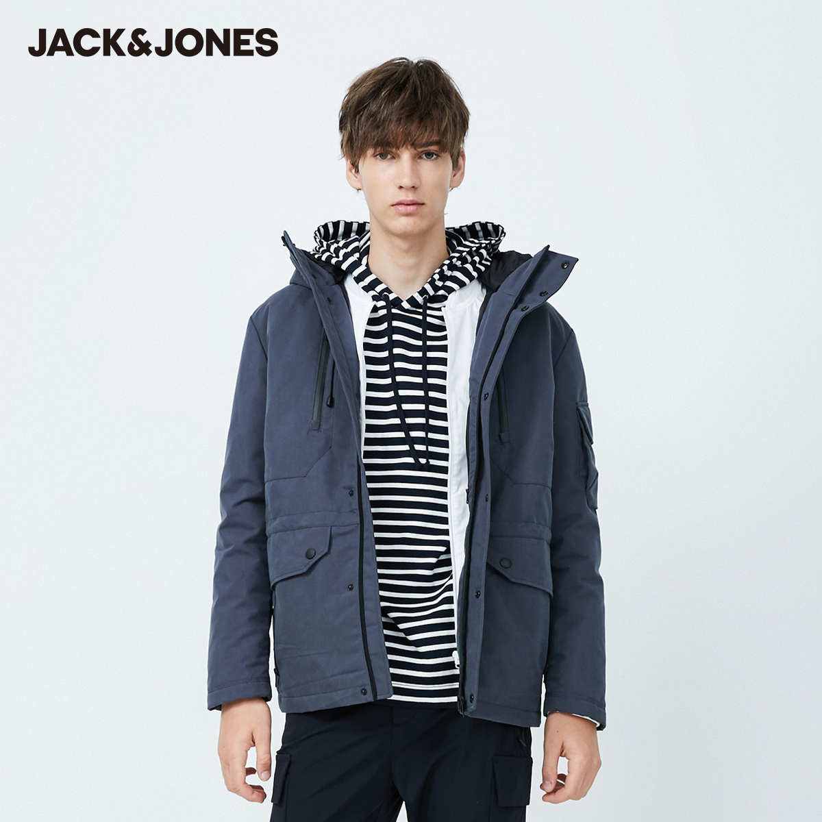 Jack Jones Jack Jones mùa đông ngắn bảo hộ lao gió ấm trùm đầu bông áo khoác nam áo khoác xu hướng áo bông