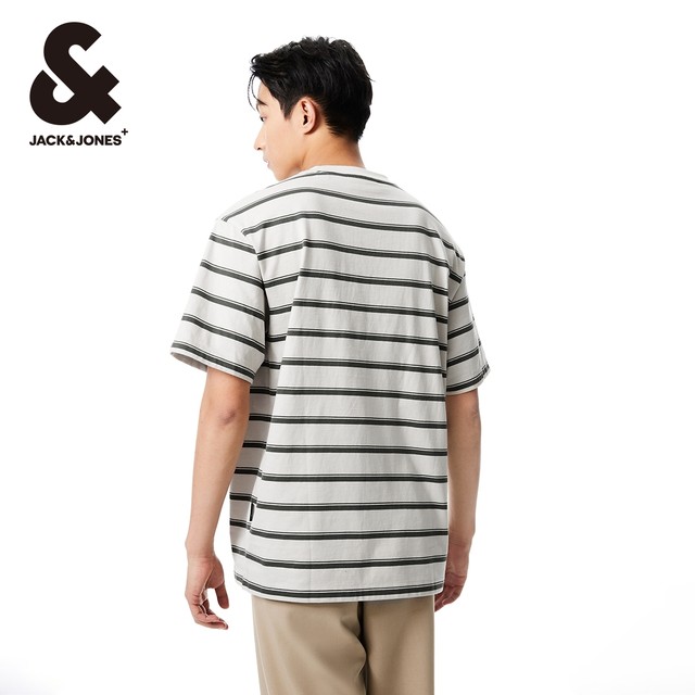 Jack Jones ແບບ summer ໃຫມ່ແບບງ່າຍດາຍ striped ເຄິ່ງແຂນສາມມິຕິ embroidery ຝ້າຍບໍລິສຸດສະດວກສະບາຍວ່າງສັ້ນເສື້ອທີເຊີດຜູ້ຊາຍ