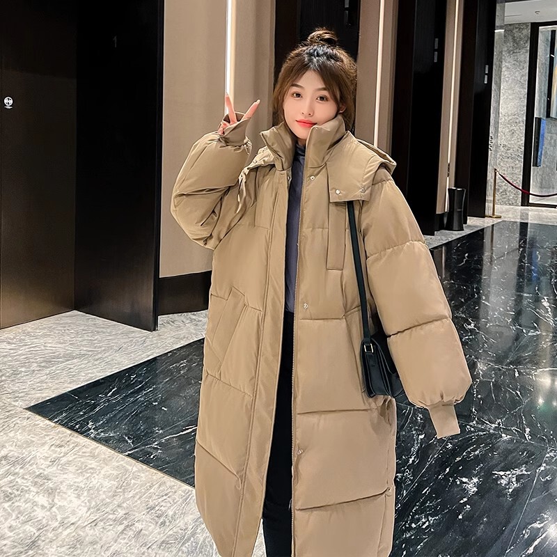 2025 Winter New Style Stand Collar Hooded Slim Long White Duck down Simple Women's down Jacket Warm Thick Coat