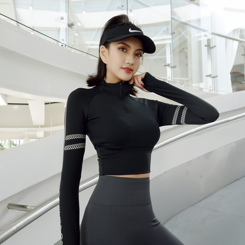 With Chest Cushion Yoga Outfit Sexy Dew Cord Movement Blouse Women Speed Dry Elastic Tight Bodysuit Semi-Laced Fitness Long Sleeves