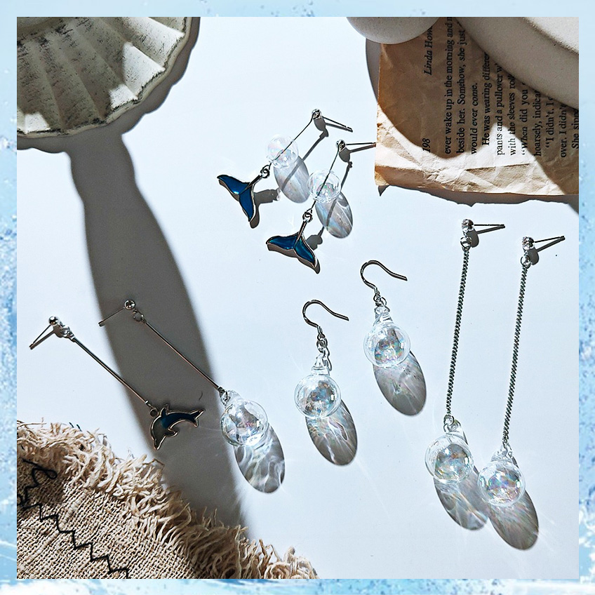 Simple cold wind glass water polo earrings personalized asymmetrical dolphin bubble earrings temperament long fishtail earrings