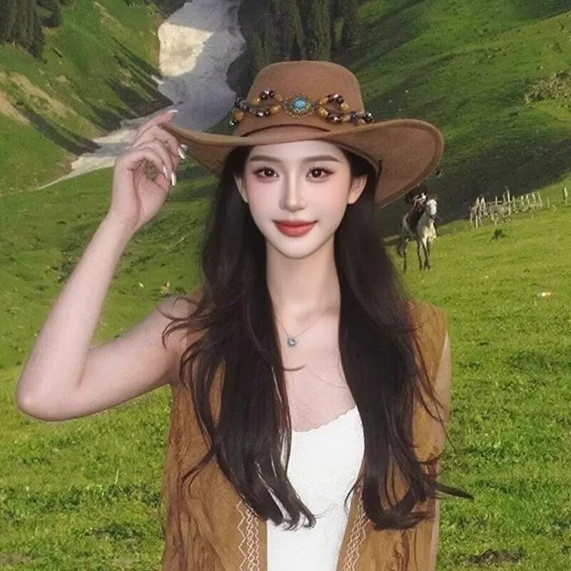 Ethnic Style Retro Cowboy Hat 2026 New Summer Wide-Brimmed Sun Protection Hat Travel Outdoor Sichuan Western Hat Ethnic Style Retro Cowboy Hat 2026 New Summer Wide-Brimmed Sun Protection Hat Travel Outdoor Sichuan Western Hat