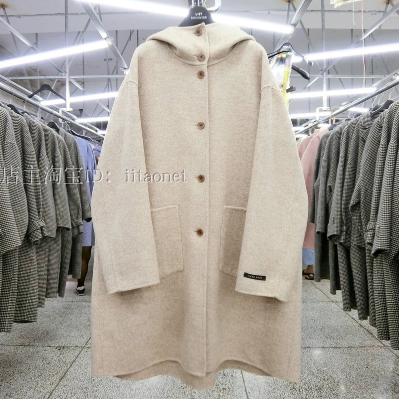 Áo khoác cashmere hai mặt được may thủ công của Hàn Quốc với phần dài trùm đầu trở lại xếp nếp áo khoác len xương cá - Accentuated eo áo