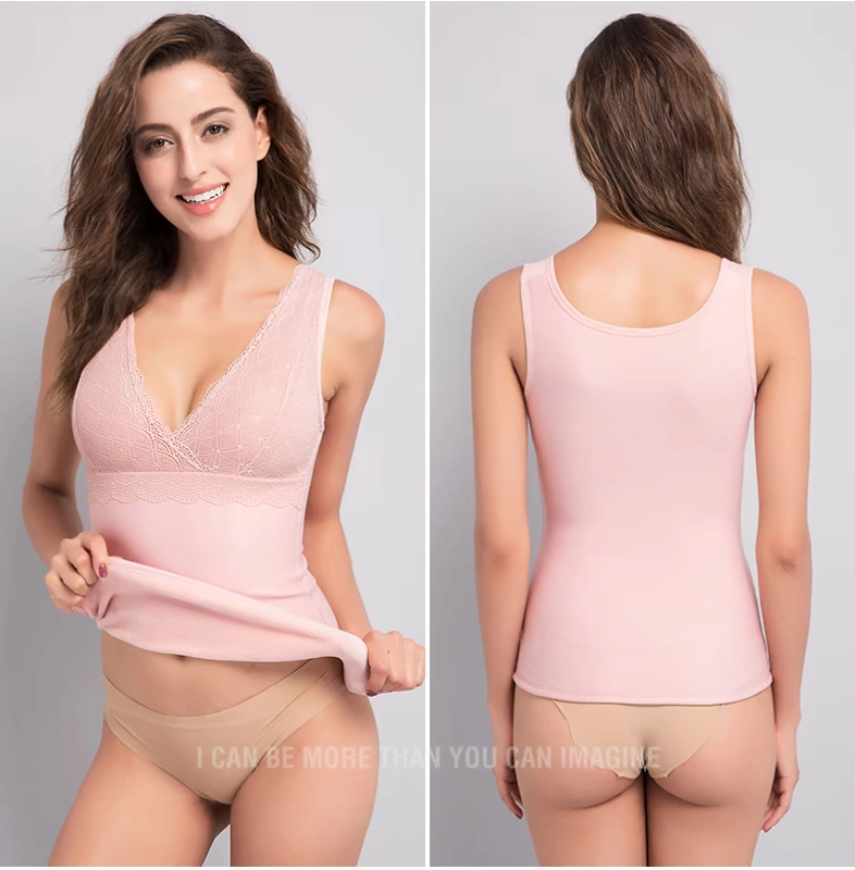 Áo vest nữ mùa đông dày cộng với nhung cổ chữ V ren trên cơ thể Slim đồ lót chạm đáy áo len cotton không tay áo giữ nhiệt lót nỉ