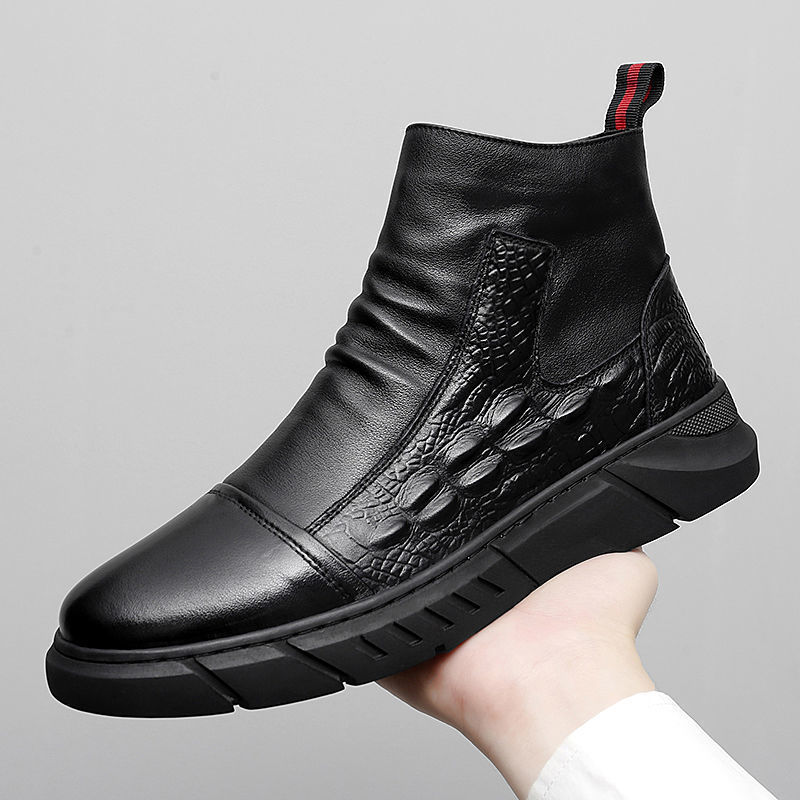 New Men's Martin Boots with Crocodile Pattern, Autumn and Winter Fleece-Lined High-Top Shoes, Korean Style Trendy British Style Workwear Shoes