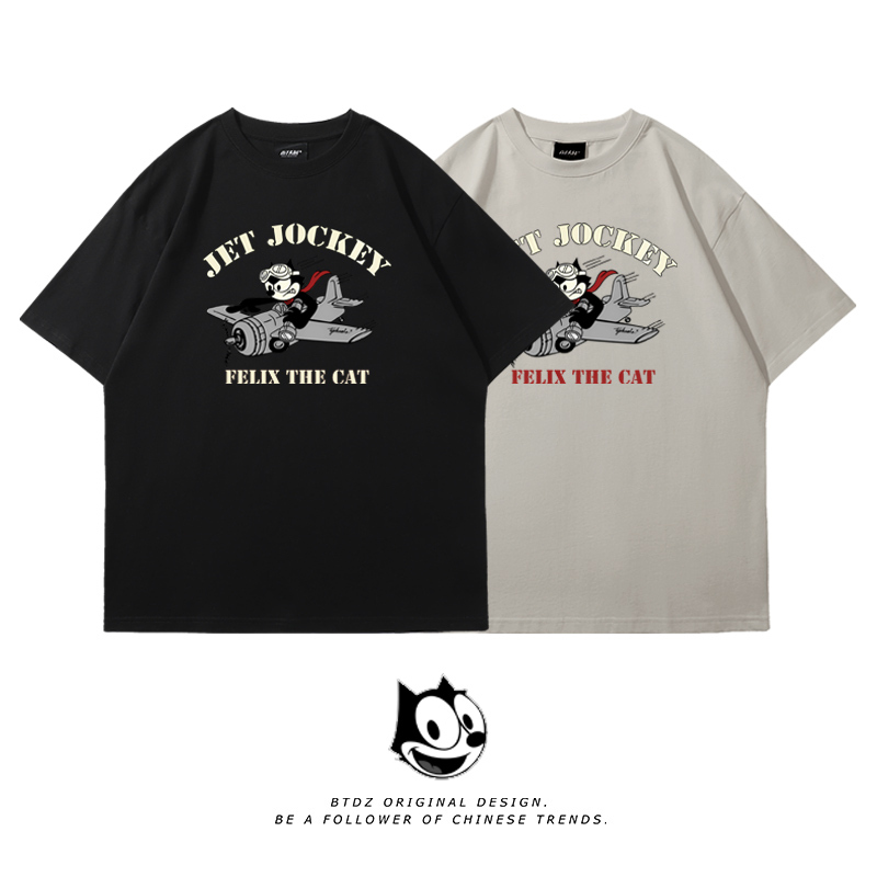 American Retro Felix Cat Flying a Plane Printed Loose Cotton Short-Sleeved T-Shirt for Boys Summer Casual Top