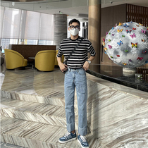 JY Lightly Ripple Jeans Men's 2021 New Spring and Summer Thin Straight Loose Nine-point Casual Pants