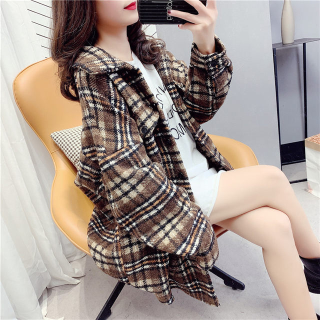 2023 Spring and Autumn New Color Blocked Plush Shirt Women's Mid-Length Plaid Thickened Long Sleeve Versatile Woolen Shirt Jacket