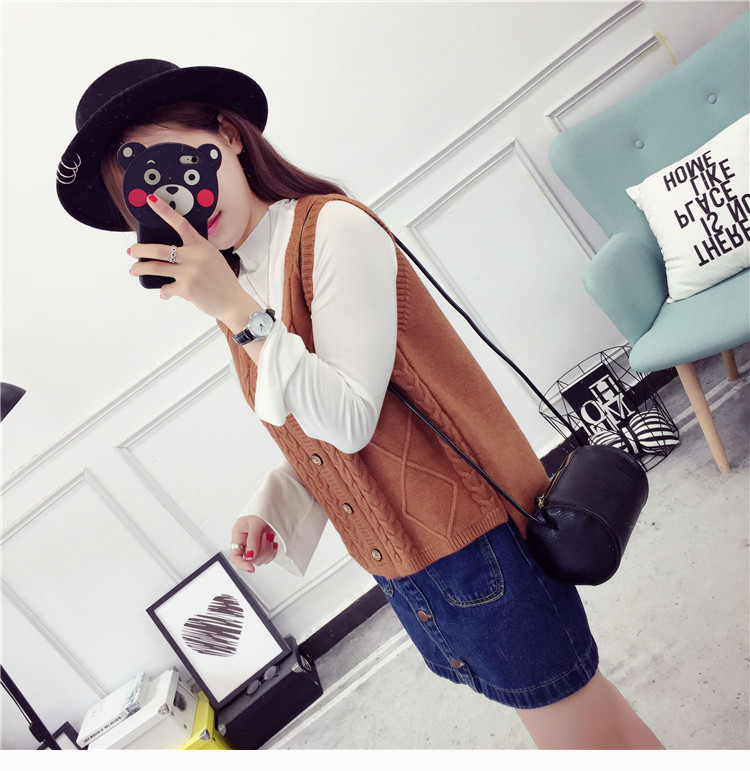Mùa xuân 2017 mới Hàn Quốc phiên bản áo len dệt kim đan len nữ cổ chữ V ngắn không tay áo len vest vest áo ấm