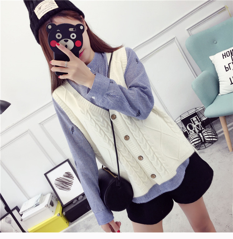 Mùa xuân 2017 mới Hàn Quốc phiên bản áo len dệt kim đan len nữ cổ chữ V ngắn không tay áo len vest vest áo ấm