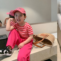 2022 Fashion Korean Edition Summer Girl Striped High Waist Short Sleeve Blouse Blouse Girl Ice Silk Broadlegged Pants Long Pants Two Pieces