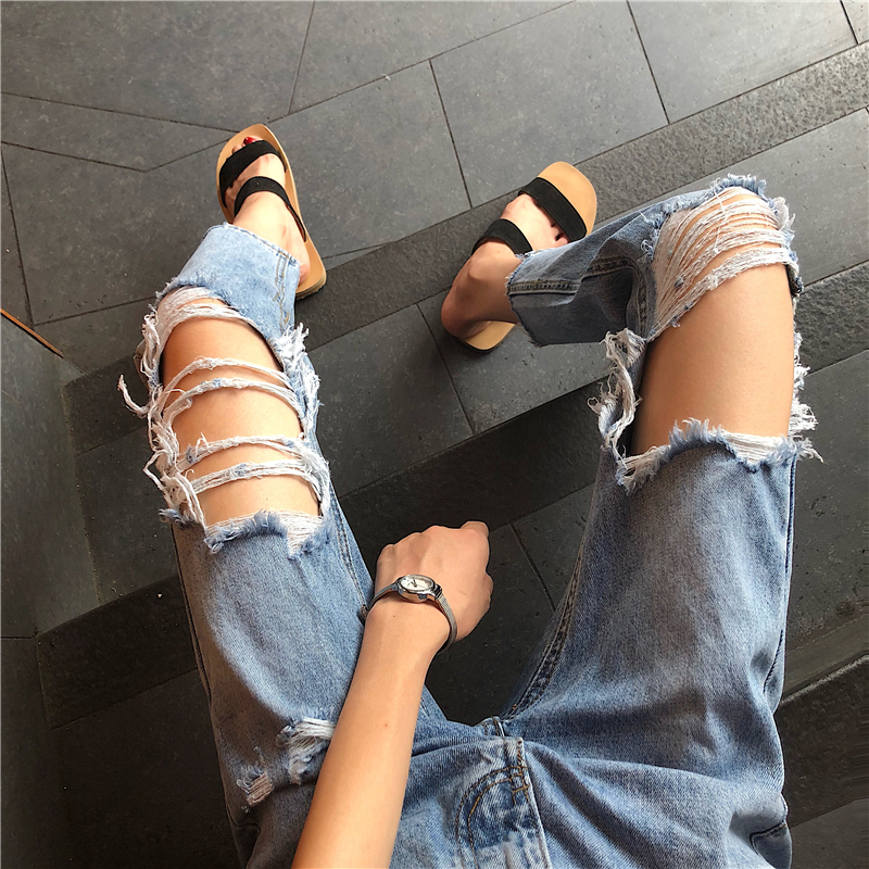 VK旗艦店 韓系大破洞牛仔褲高腰直筒褲寬松單品長褲