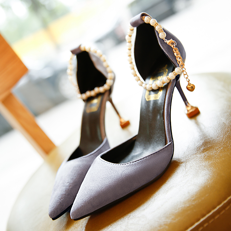 Xuân-Hè 2018 mới sandal cao gót nữ đính cườm mũi nhọn da lộn giày stiletto giày đơn phiên bản hàn quốc sandal nữ