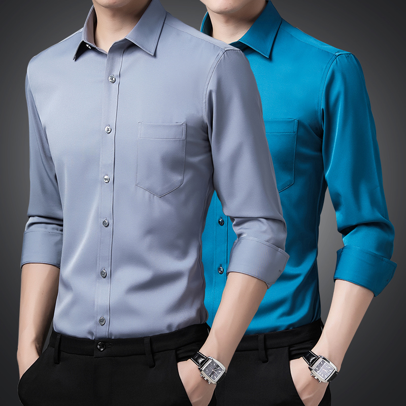 Stretchable, No-Iron, Thin Long-Sleeved Shirt for Men, Solid Color Ice Silk Business Formal Chiffon Shirt, Short-Sleeved Shirt for Young and Middle-Aged Men Stretchable, No-Iron, Thin Long-Sleeved Shirt for Men, Solid Color Ice Silk Business Formal Chiffon Shirt, Short-Sleeved Shirt for Young and Middle-Aged Men