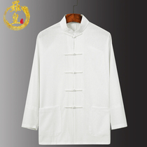 Luo Huang Chinese style mens Tang dress Chinese cotton base shirt Long sleeve shirt plate buckle Hanfu shirt men white