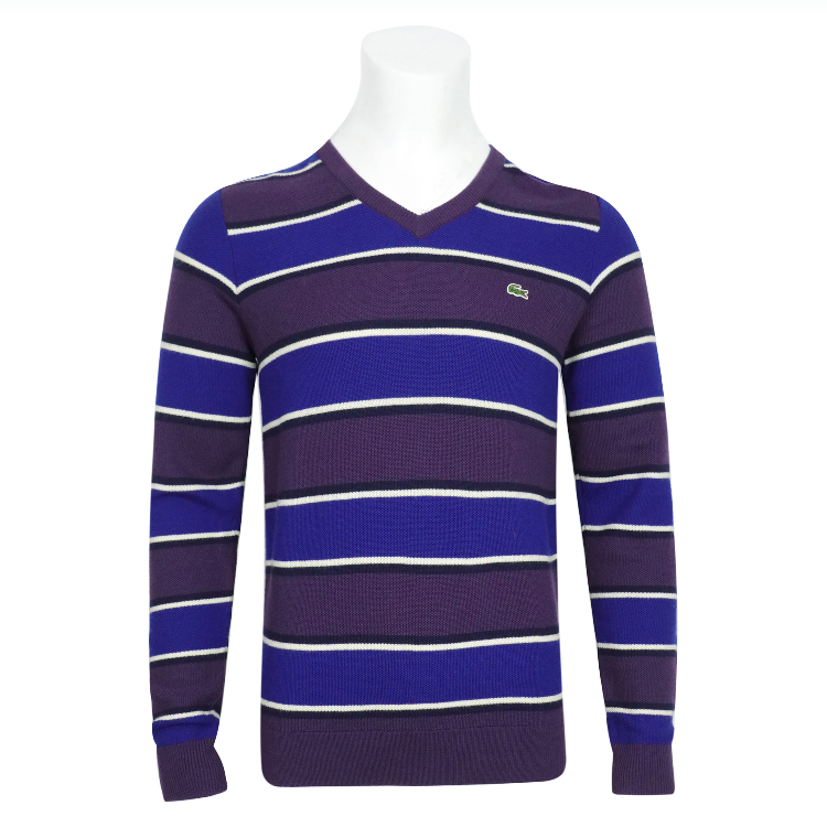 Special 350-Men's Fall/Winter Crew Neck Slim Elastic Merino Wool Brush Striped Knit Shirt Small crocodile embroidery on the chest