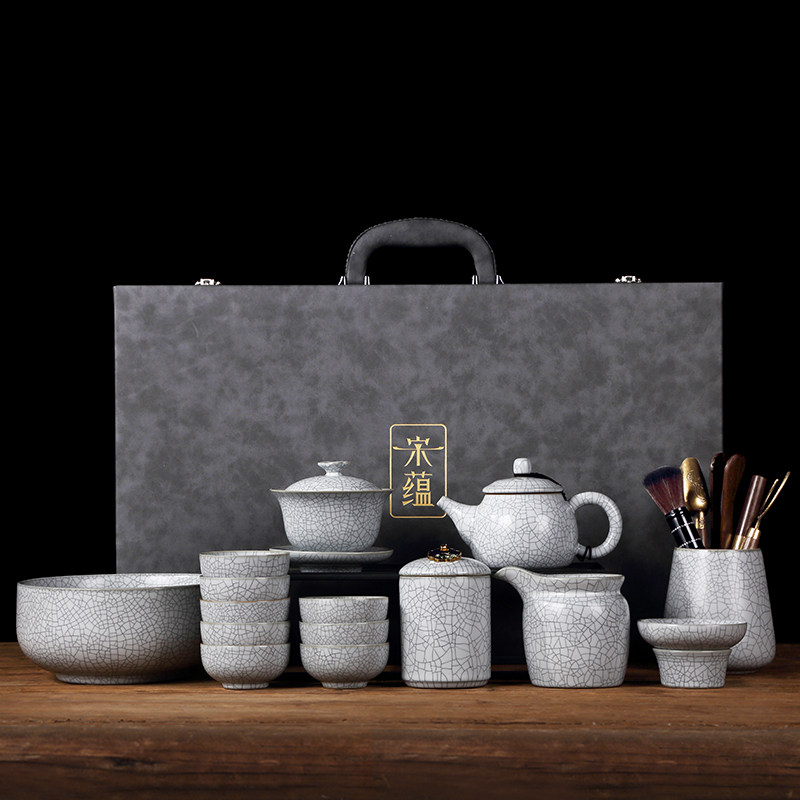 Li Guilian Master Song Yun-Ru kiln tea set Set to open sheet Thou porcelain can raise light and luxurious teapot tea cup to send gift box-Taobao
