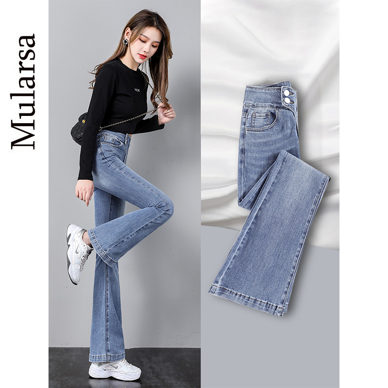 High waist display slim jeans woman 2021 autumn winter new Korean version sashimi elastic 100 lap with suede broadleg micro-horn pants