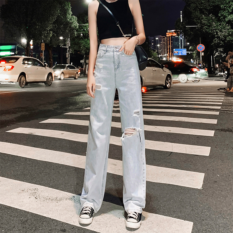 mularsa jeans woman 2022 spring and summer new high waist pituality breaking hole straight cylinder loose with wide leg pants